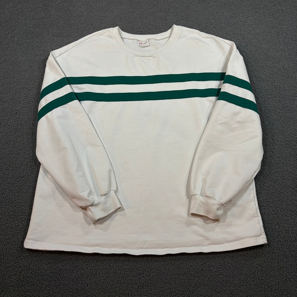 WIHOLL Sweatshirt Womens Large White Green Stripe Pullover Long Sleeve Crewneck